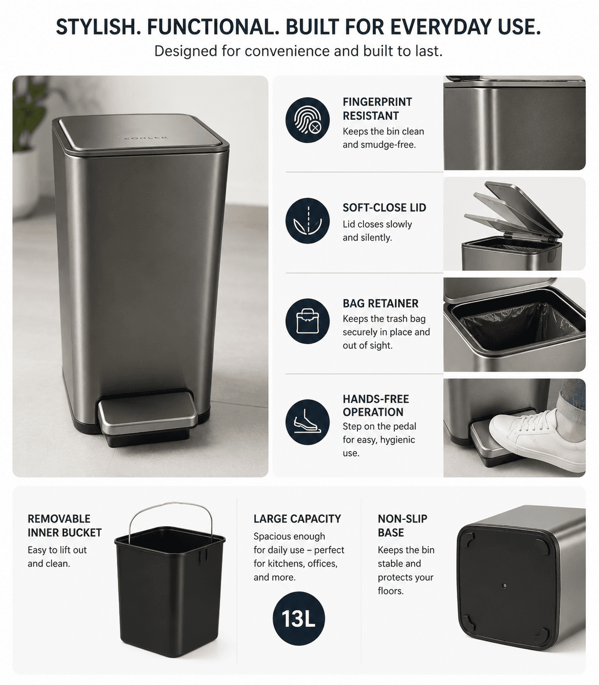 Premium Stainless Steel Step Trash Bin